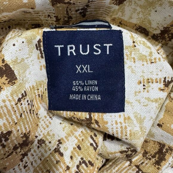 TRUST Mens Size XXL Linen Rayon Button Up Shirt Short Sleeve Tan Beige Brown - Picture 9 of 10